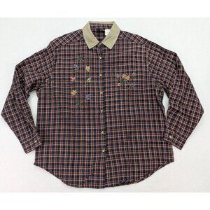 CHM Design Women's Top Size XL Embroidered Long Sleeve Plaid Button-Up